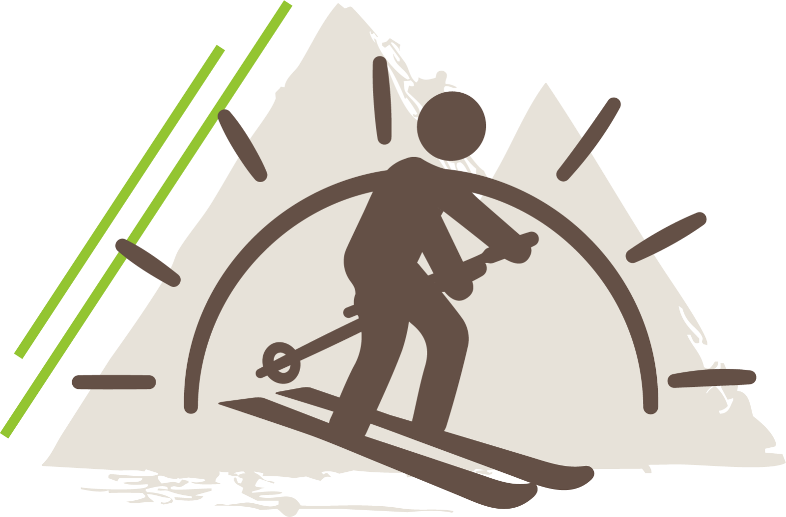 Skifahrer mit Stöcken vor Bergsymbol in brauner Silhouette