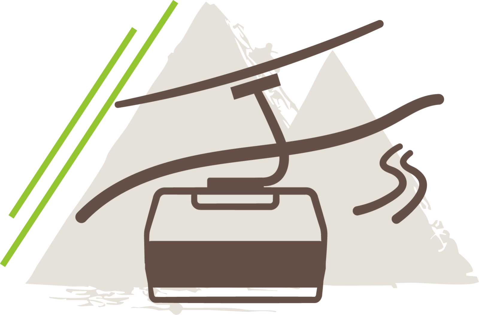 Gondelbahn mit Seilen vor stilisiertem Bergsymbol