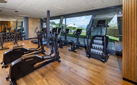 Gym with modern equipment and green view through panoramic window        Ask ChatGPT