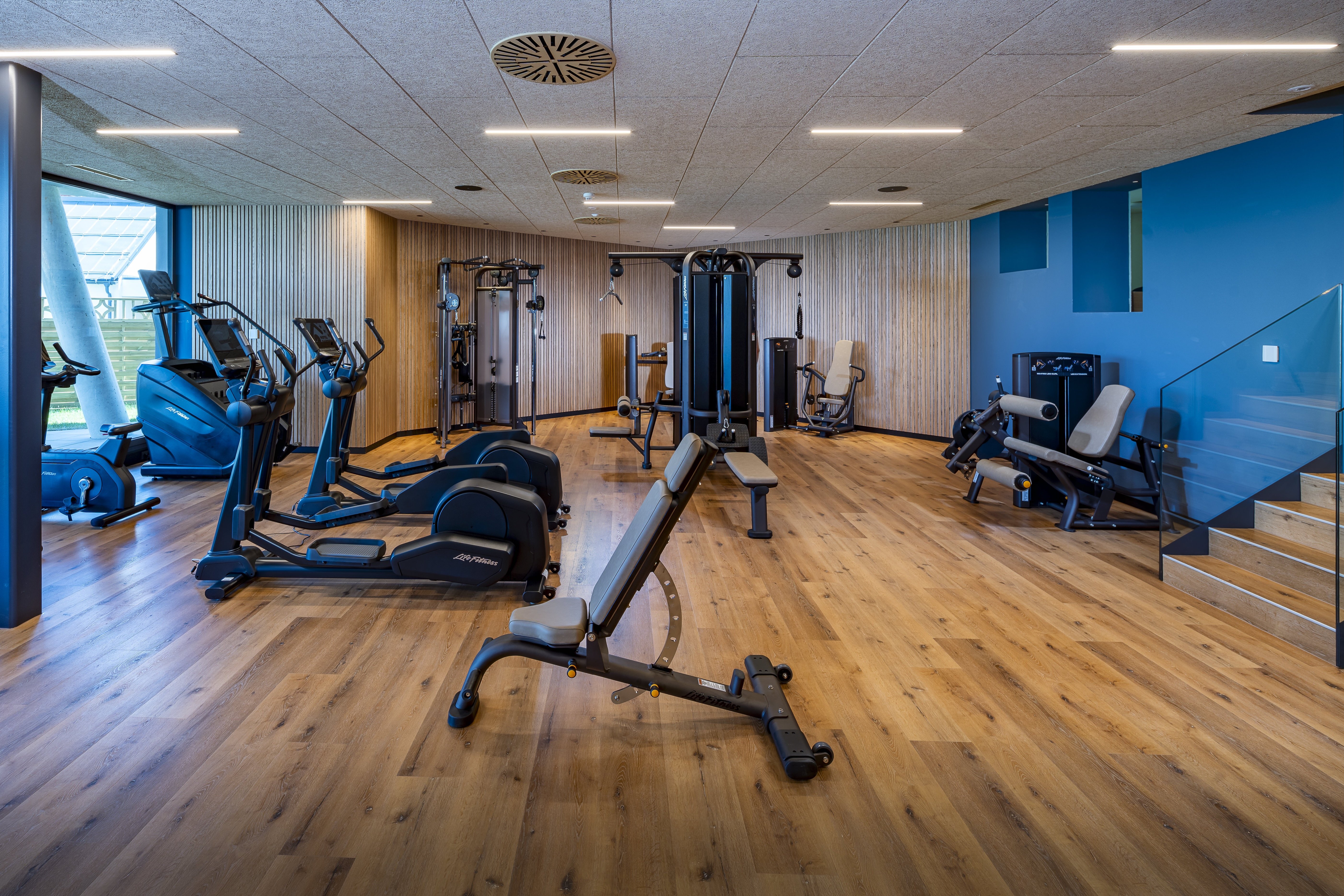 Modern gym with cardio and strength machines on wooden flooring        Ask ChatGPT