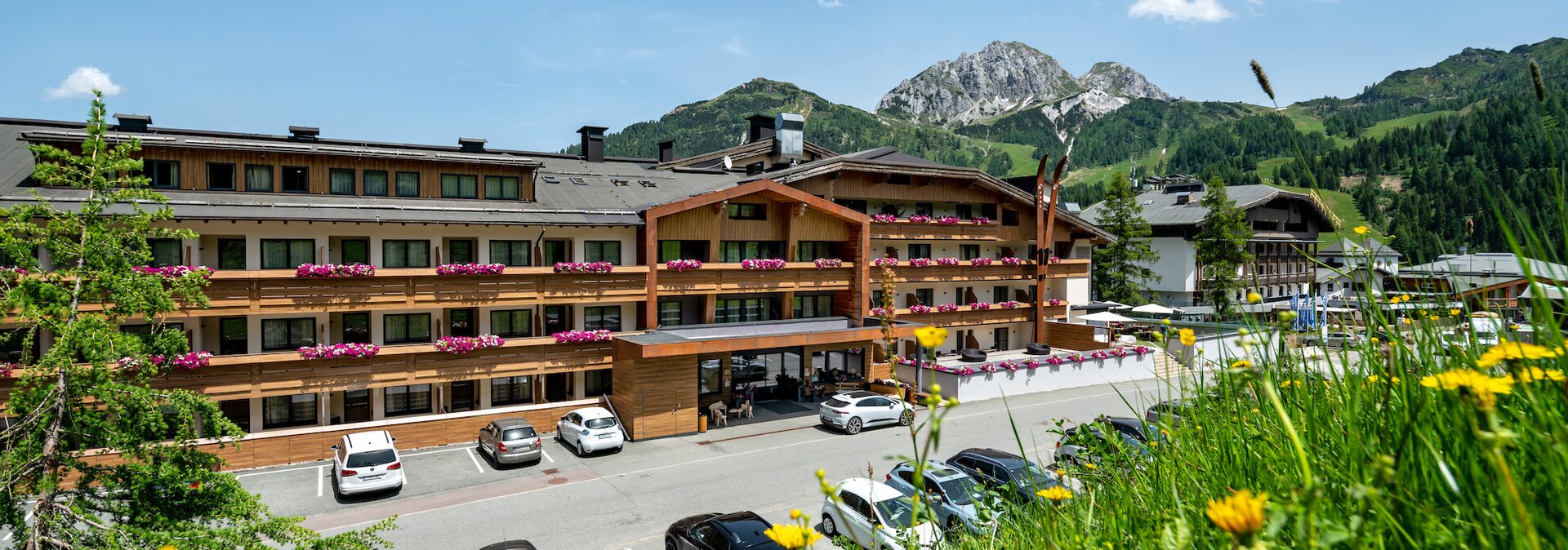 Blick über die Blumenwiese aufs Hotel