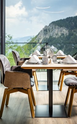 Restaurant table with leather chairs and view of forested mountain landscape        Ask ChatGPT