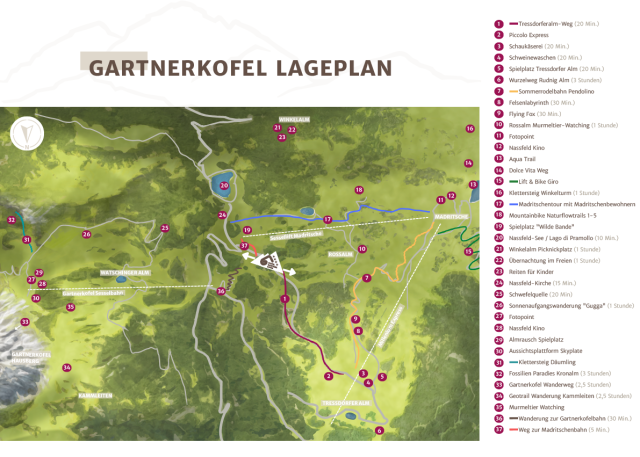 Lageplan der Umgebung des Gartnerkofels mit Freizeit- und Wanderzielen