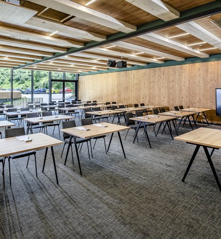 Bright seminar room with wooden ceiling, large windows and screen
