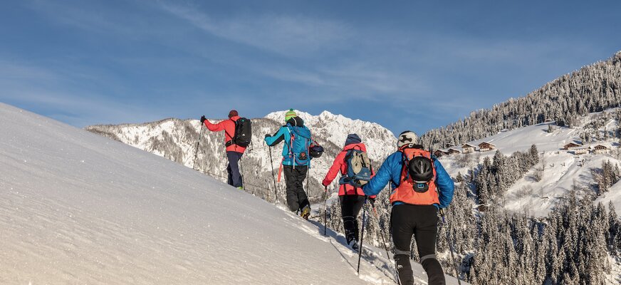 Gruppe beim Schneeschuhwandern am Berg