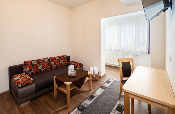 Wohnbereich mit gemusterter Couch und Schreibtisch
