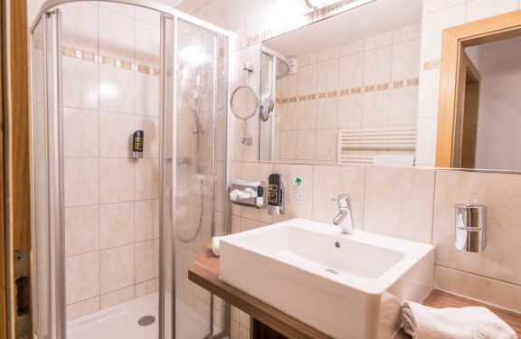 Badezimmer mit eckiger Waschschale und Dusche mit Glaskabine